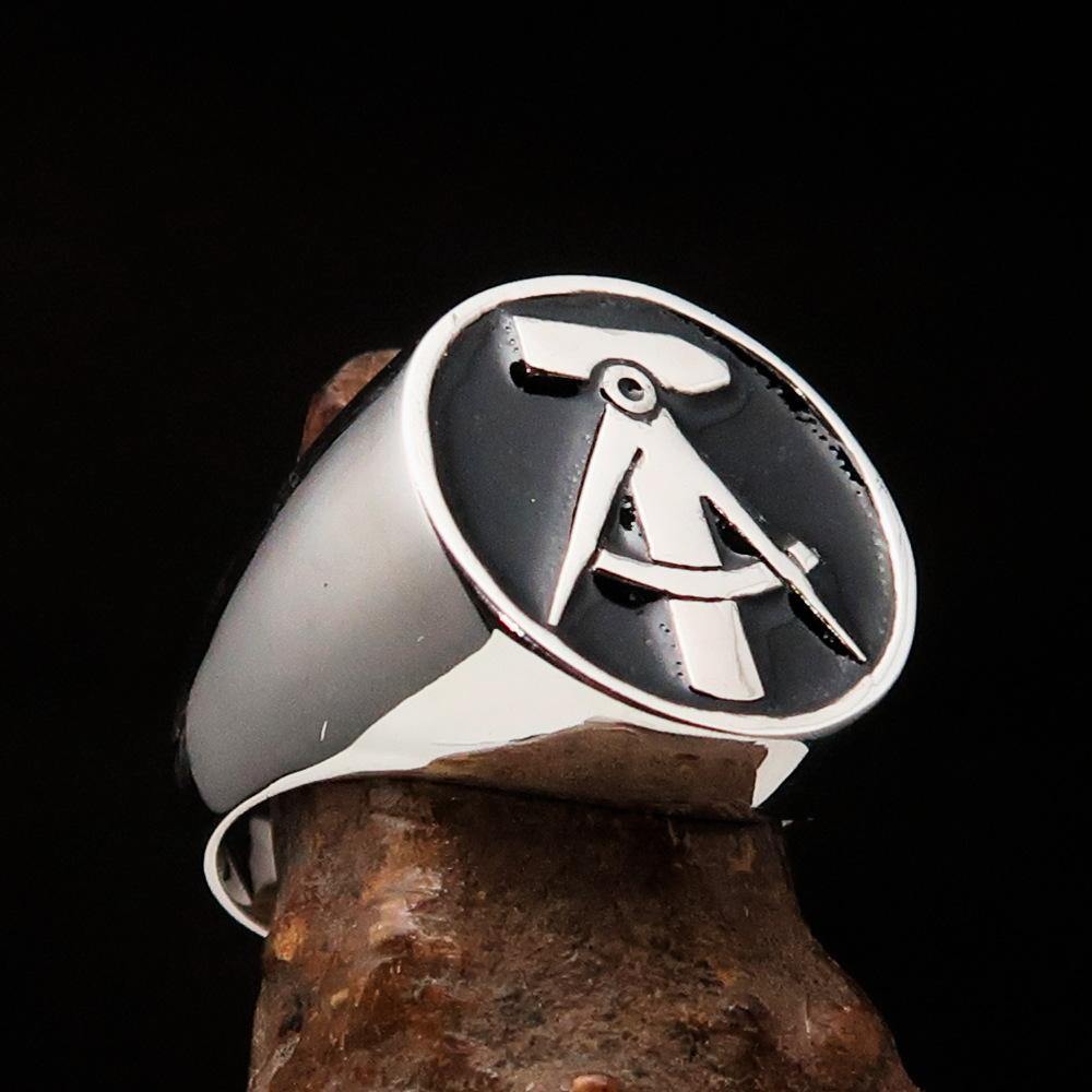 Men's GDR Socialist Ring Hammer Compasses in solid sterling silver with black enamel finish, showcasing intricate crest design.