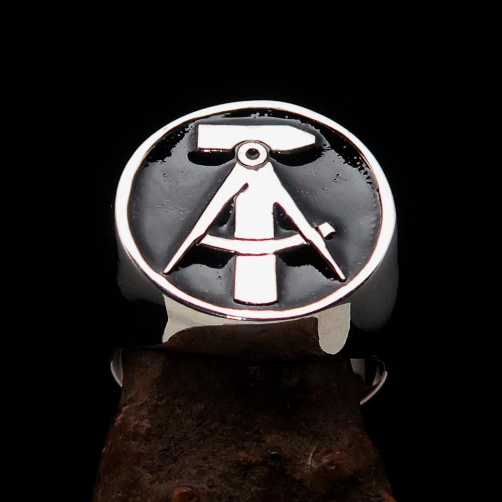 Men's GDR Socialist Ring Hammer Compasses in solid sterling silver with black enamel finish, showcasing intricate crest design.