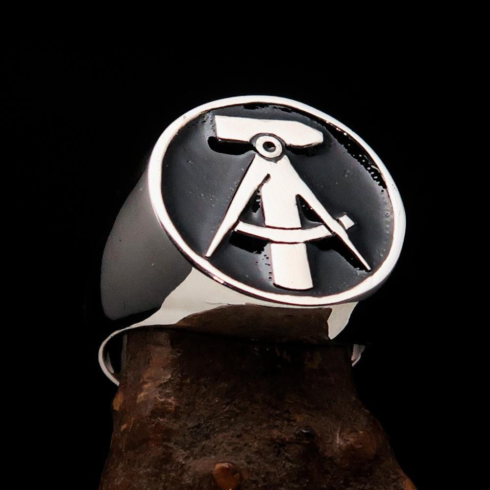 Men's GDR Socialist Ring Hammer Compasses in solid sterling silver with black enamel finish, showcasing intricate crest design.