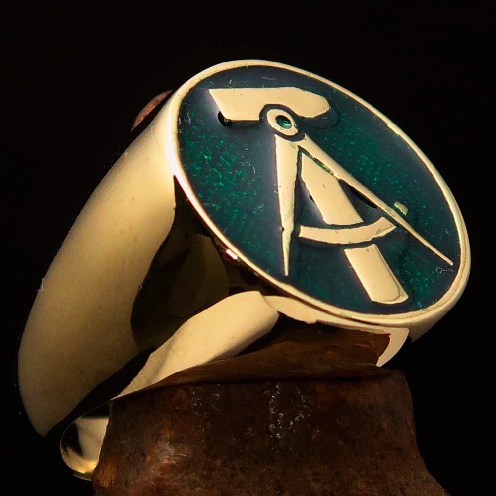 Men's GDR Socialist Ring Hammer Compass in green enamel, crafted from solid brass, showcasing a polished finish.