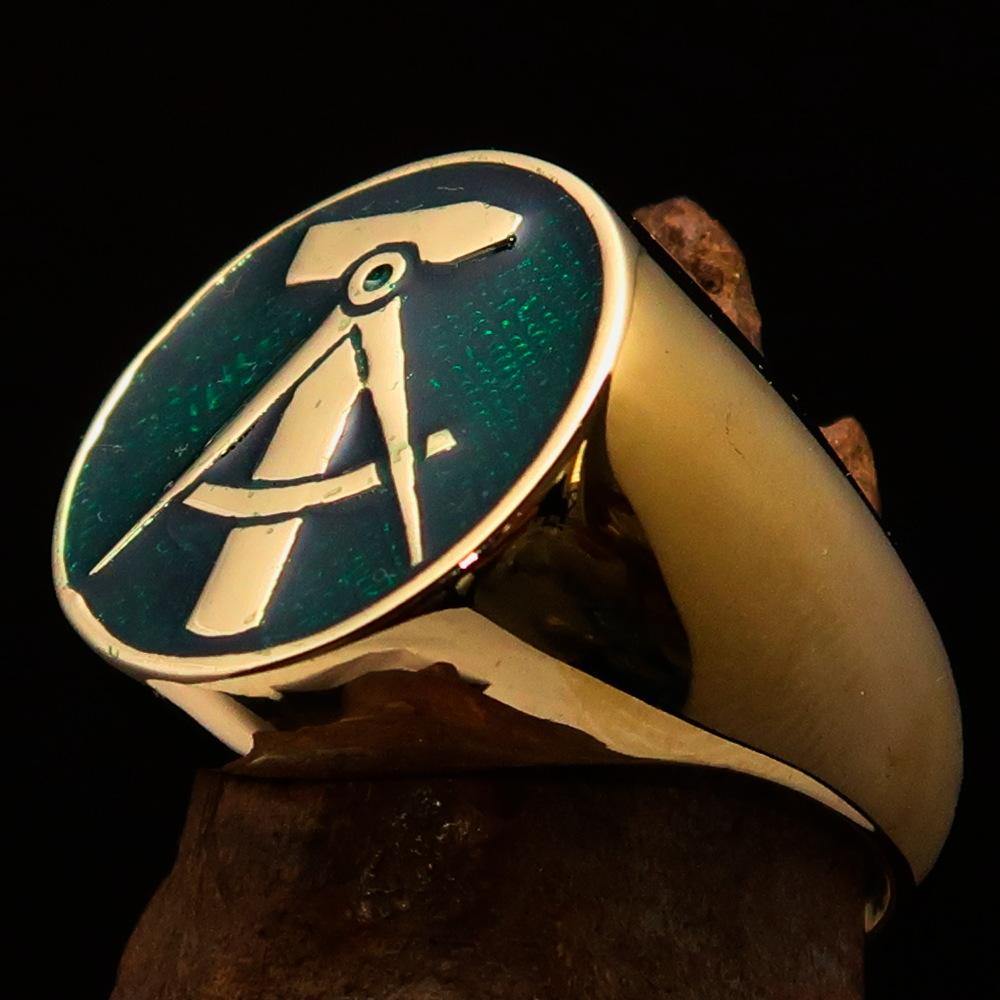 Men's GDR Socialist Ring Hammer Compass in green enamel, crafted from solid brass, showcasing a polished finish.