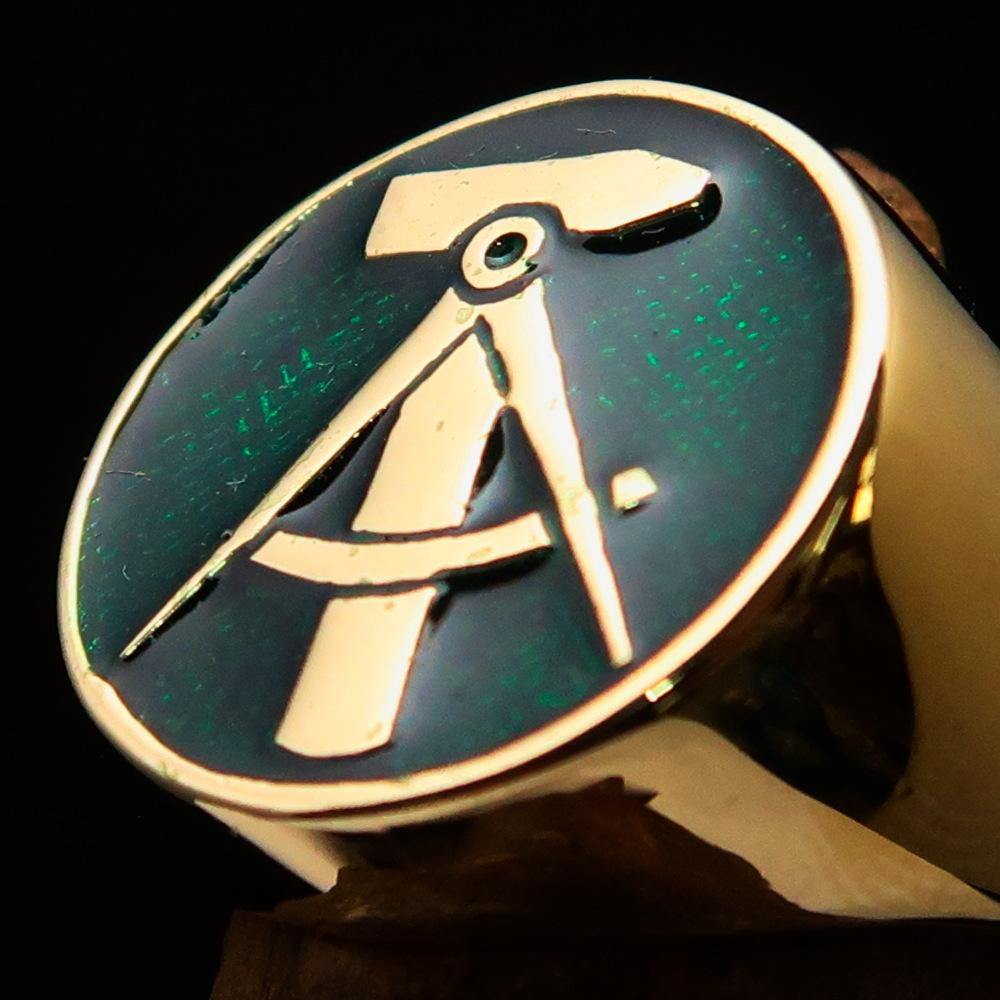 Men's GDR Socialist Ring Hammer Compass in green enamel, crafted from solid brass, showcasing a polished finish.