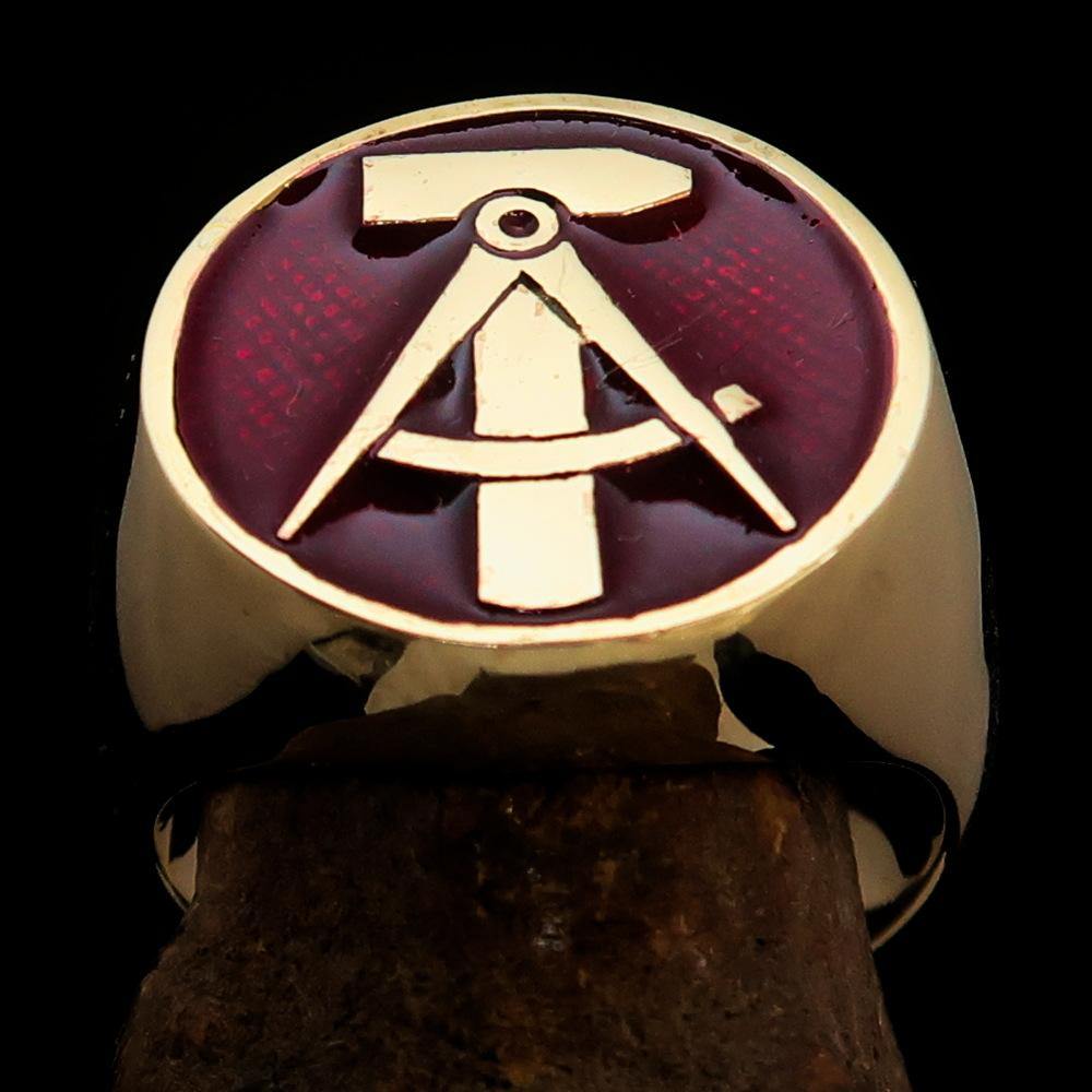 Men's GDR Socialist Ring Hammer Compass made of solid brass with a high-polished finish and vibrant red enamel.