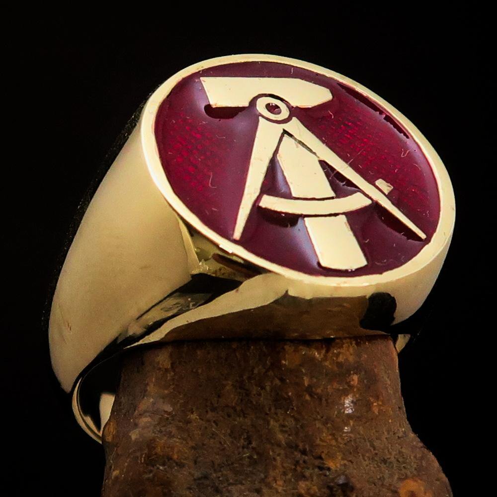 Men's GDR Socialist Ring Hammer Compass made of solid brass with a high-polished finish and vibrant red enamel.