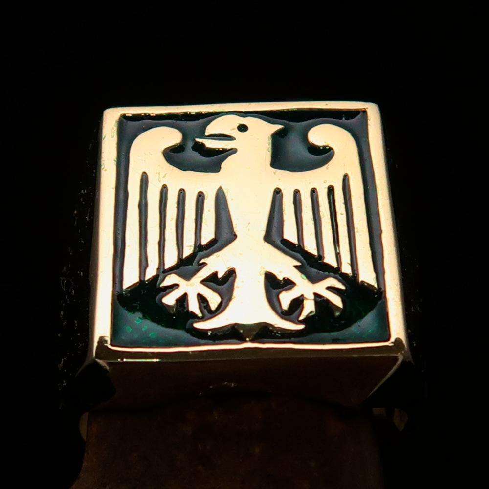 Men's German Eagle Seal Ring in green, crafted from solid brass with a high polish finish, featuring an intricate eagle seal design.