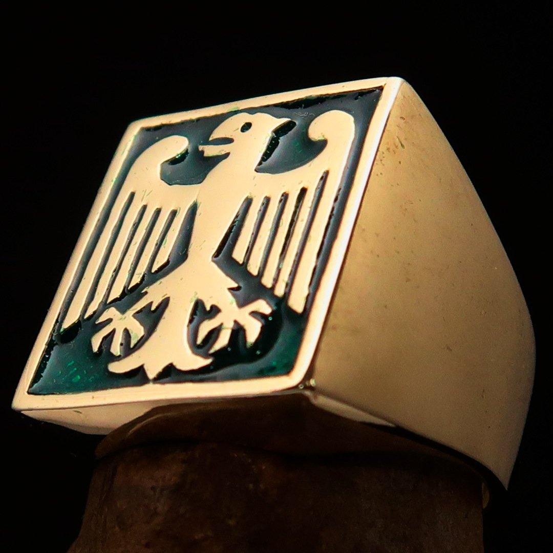 Men's German Eagle Seal Ring in green, crafted from solid brass with a high polish finish, featuring an intricate eagle seal design.