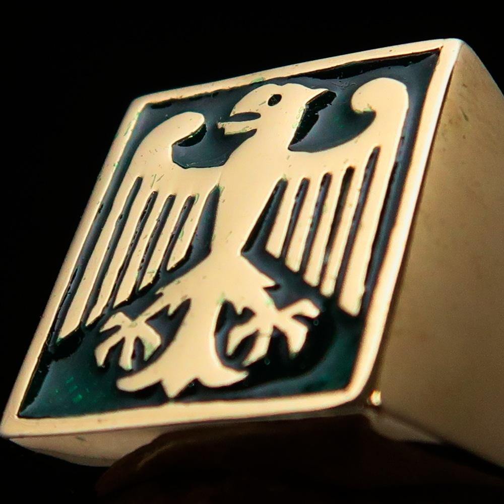 Men's German Eagle Seal Ring in green, crafted from solid brass with a high polish finish, featuring an intricate eagle seal design.