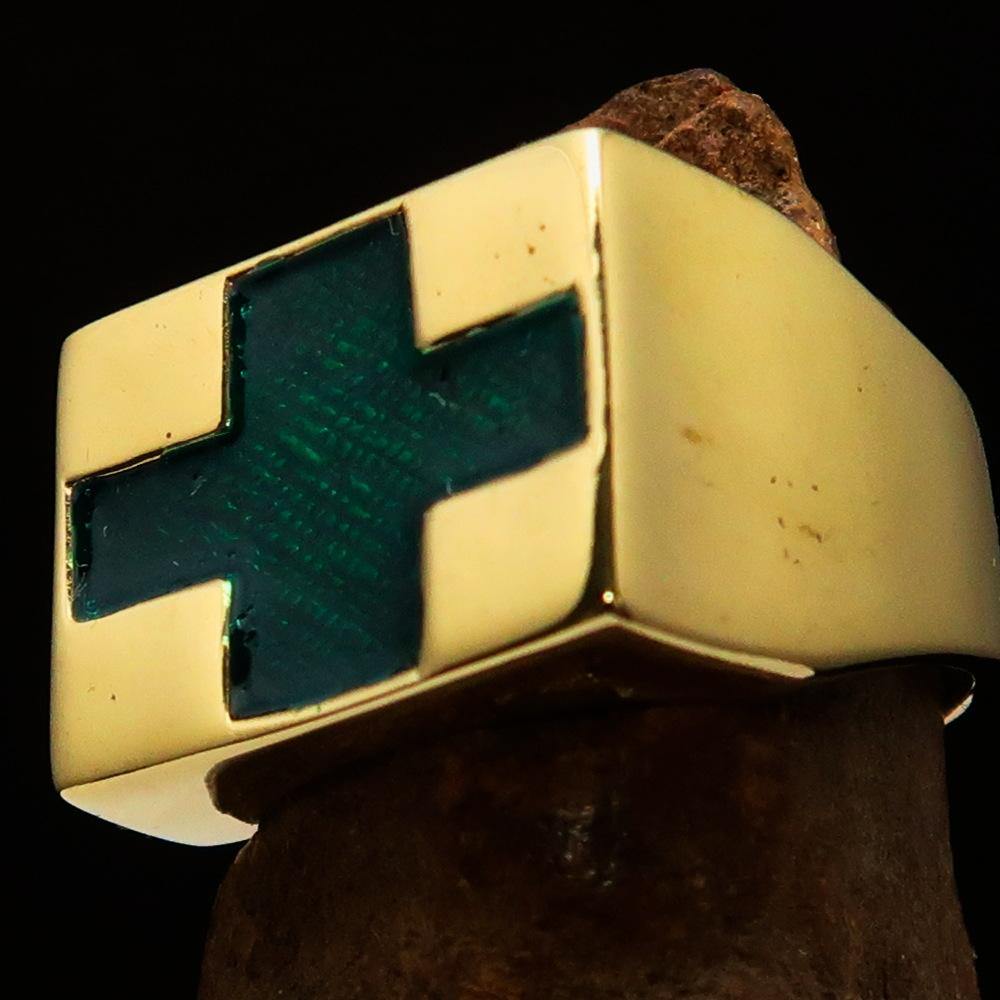 Men's Green Cross Ring made of solid brass with a high-polished finish and green enamel detailing.