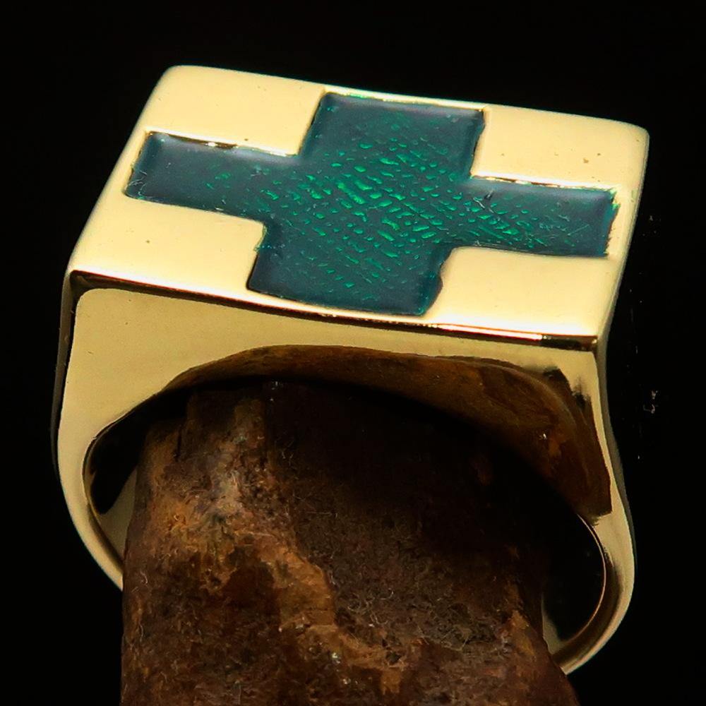 Men's Green Cross Ring made of solid brass with a high-polished finish and green enamel detailing.