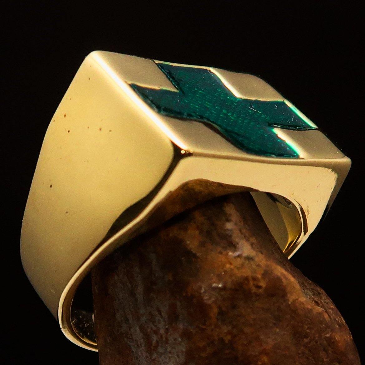 Men's Green Cross Ring made of solid brass with a high-polished finish and green enamel detailing.