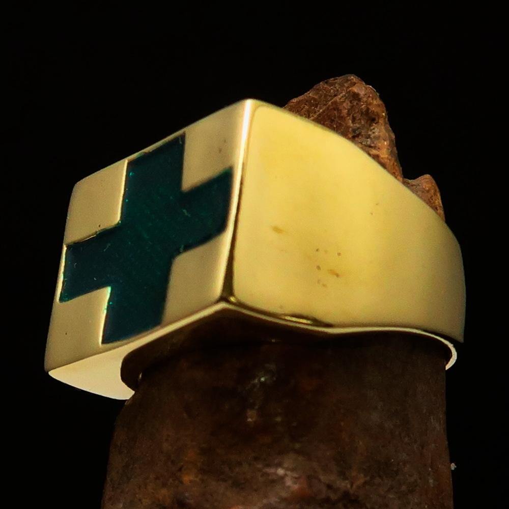 Men's Green Cross Ring made of solid brass with a high-polished finish and green enamel detailing.