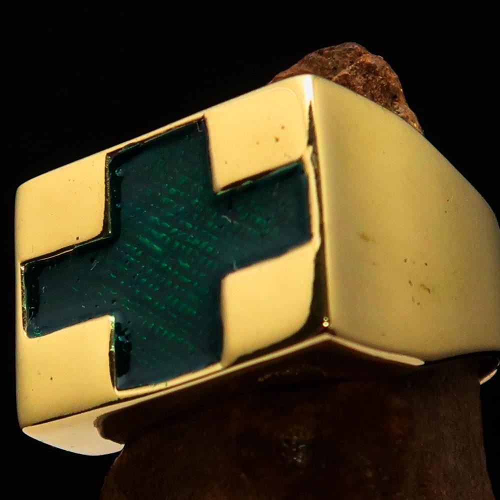 Men's Green Cross Ring made of solid brass with a high-polished finish and green enamel detailing.