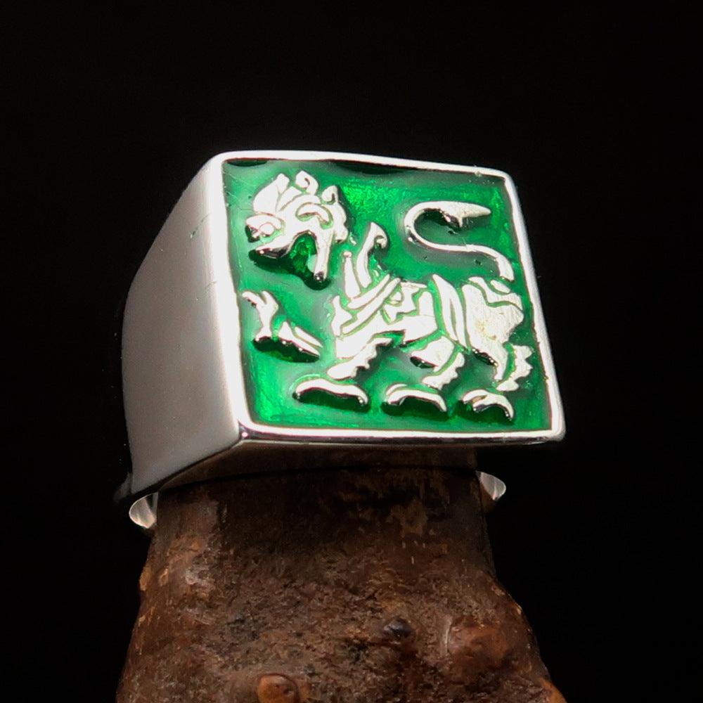 Men's green Sinhalese Lion Ring made of sterling silver with green enamel, featuring the Sinhalese Lion Coat of Arms design.