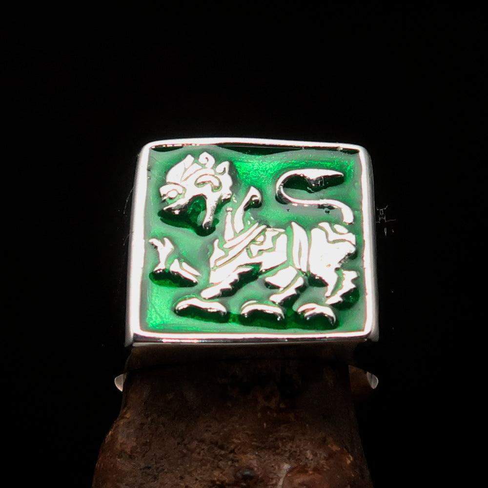 Men's green Sinhalese Lion Ring made of sterling silver with green enamel, featuring the Sinhalese Lion Coat of Arms design.