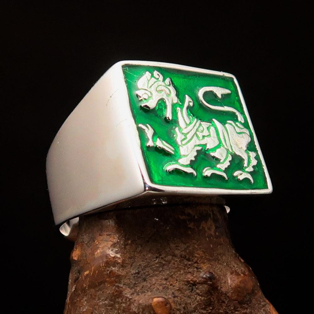 Men's green Sinhalese Lion Ring made of sterling silver with green enamel, featuring the Sinhalese Lion Coat of Arms design.