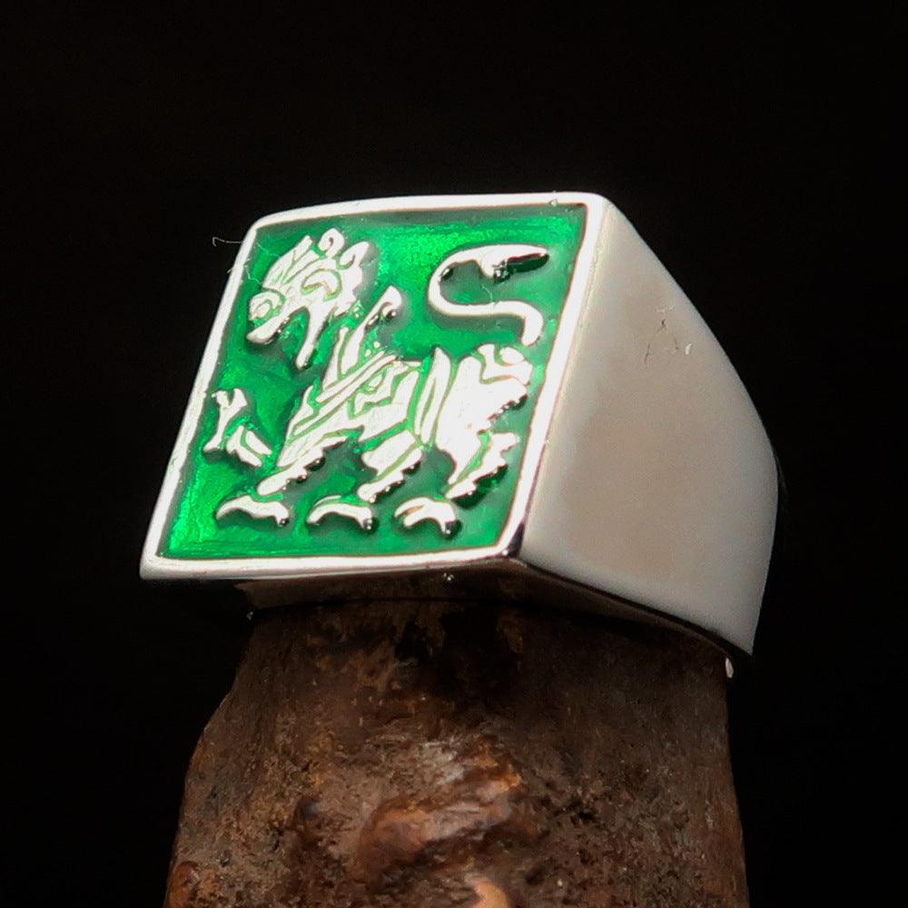 Men's green Sinhalese Lion Ring made of sterling silver with green enamel, featuring the Sinhalese Lion Coat of Arms design.