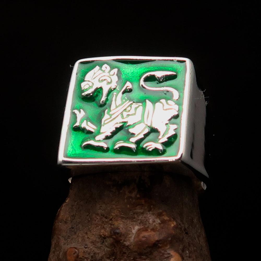 Men's green Sinhalese Lion Ring made of sterling silver with green enamel, featuring the Sinhalese Lion Coat of Arms design.