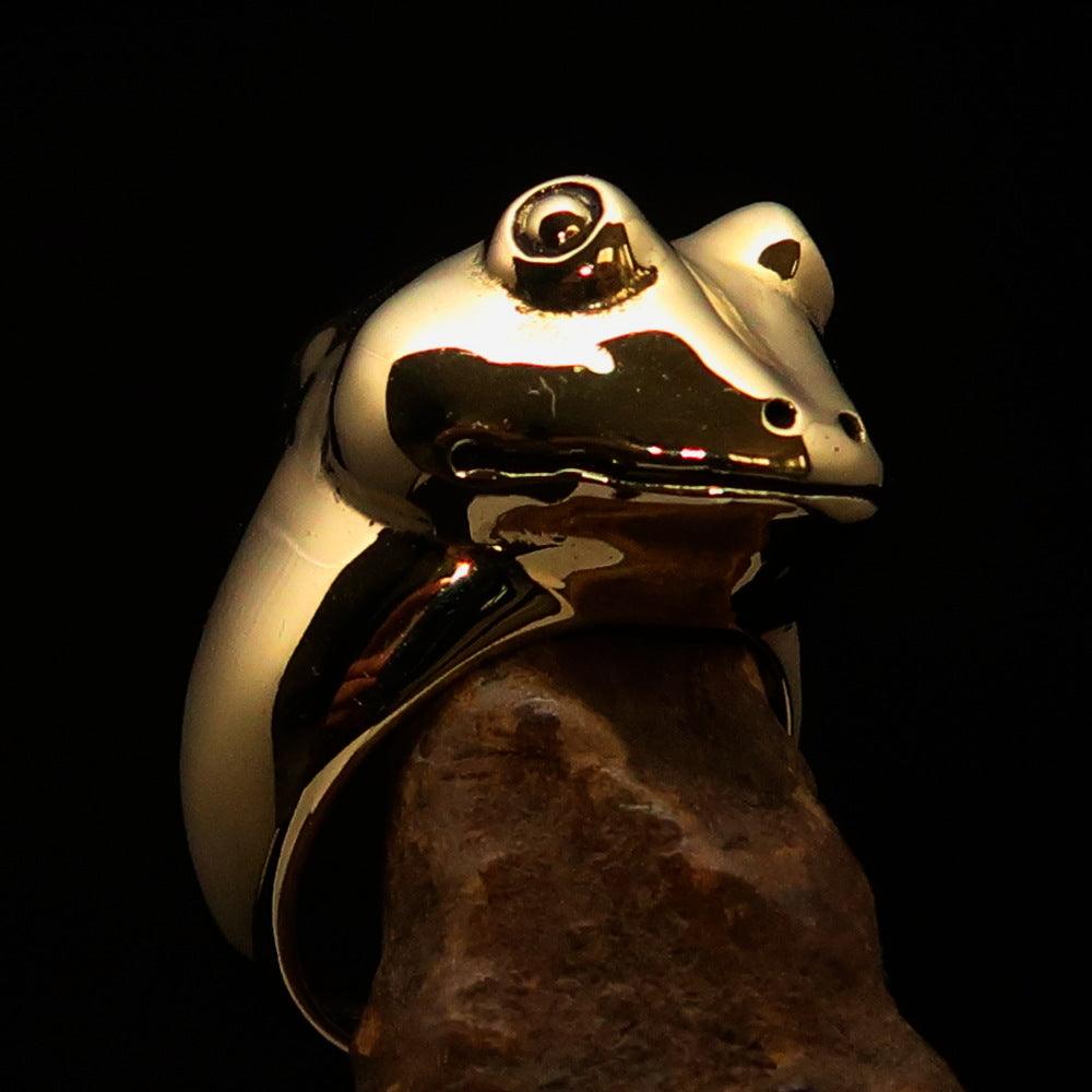 Men's Grinning Frog Pinky Ring made of solid brass with a mirror polished finish, showcasing a unique frog design.