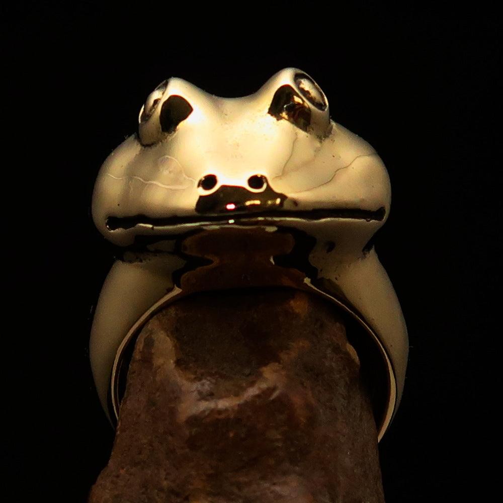 Men's Grinning Frog Pinky Ring made of solid brass with a mirror polished finish, showcasing a unique frog design.