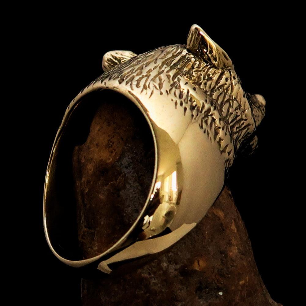 Men's Howling Wolf Pinky Ring in antiqued brass with intricate detailing and a vintage finish.