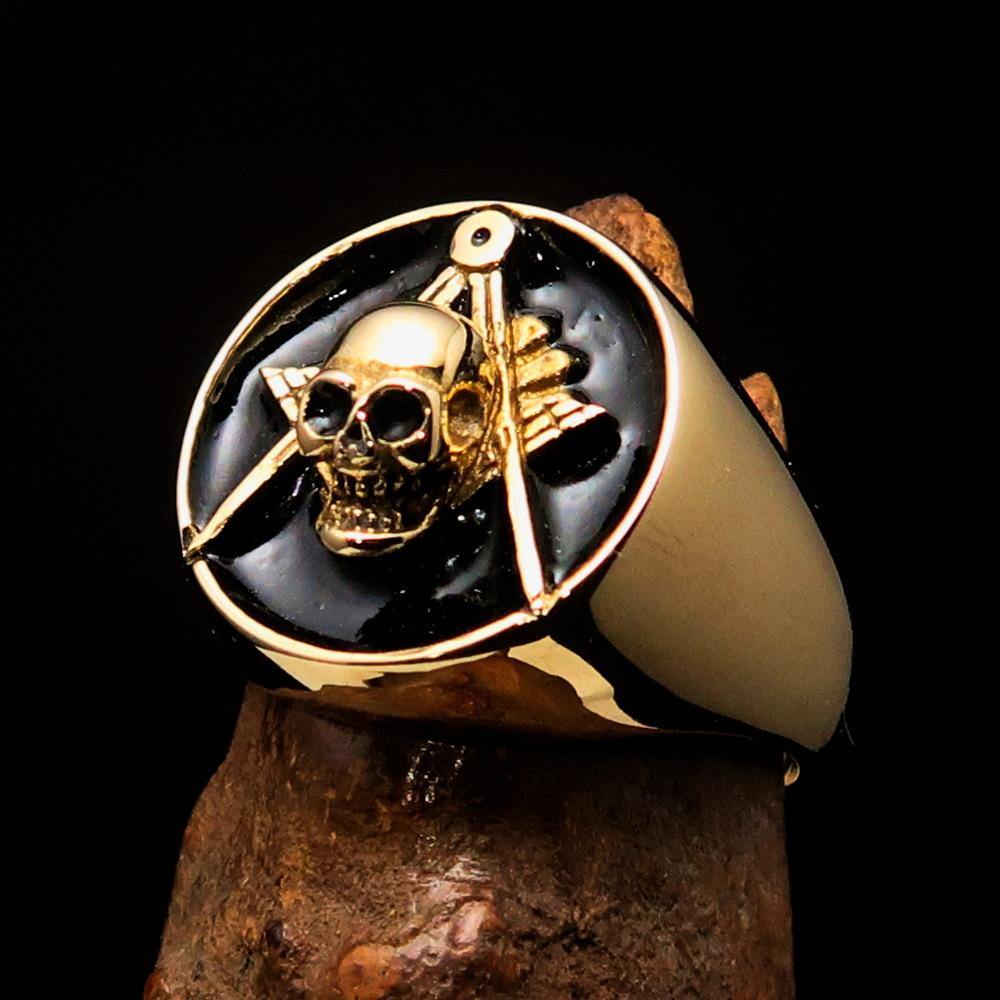 Men's Masonic Skull Ring made of solid brass with a polished black enamel finish, featuring a skull design.