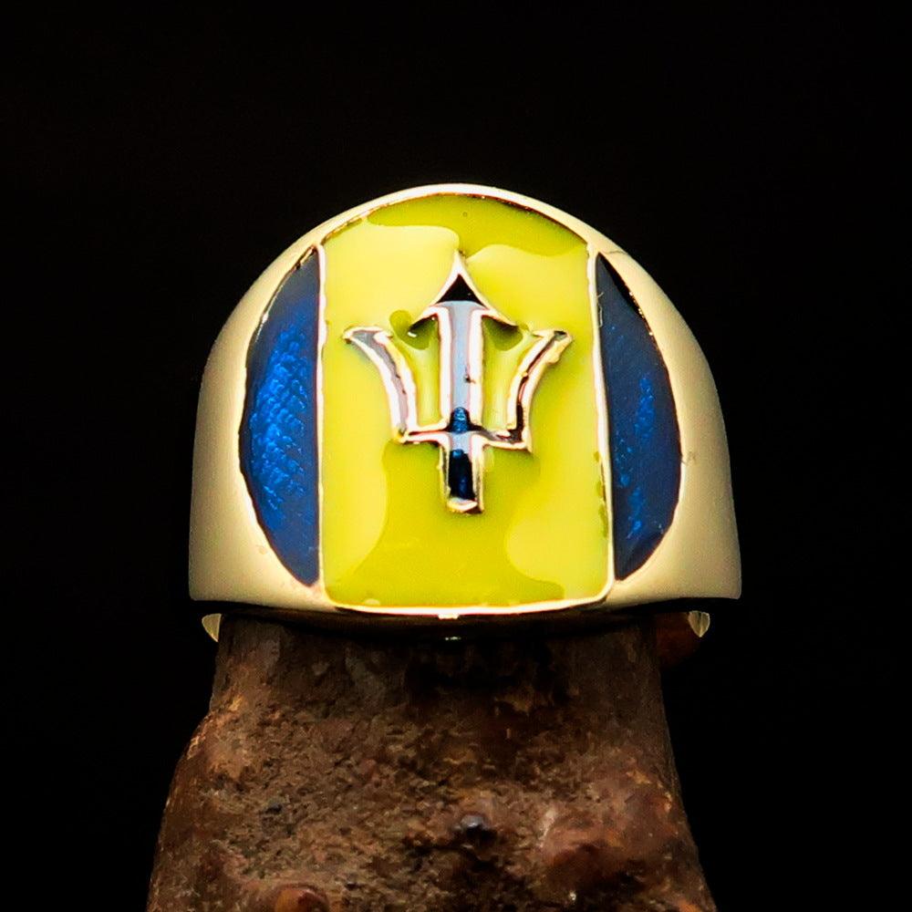 Men's National Flag Ring Barbados made of solid brass with high polish and enamel detailing, showcasing vibrant colors.