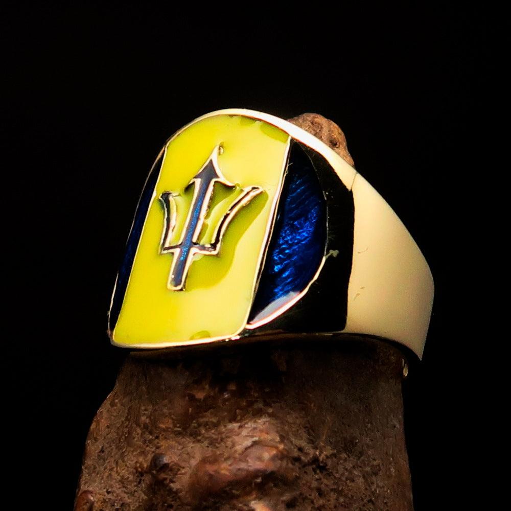 Men's National Flag Ring Barbados made of solid brass with high polish and enamel detailing, showcasing vibrant colors.