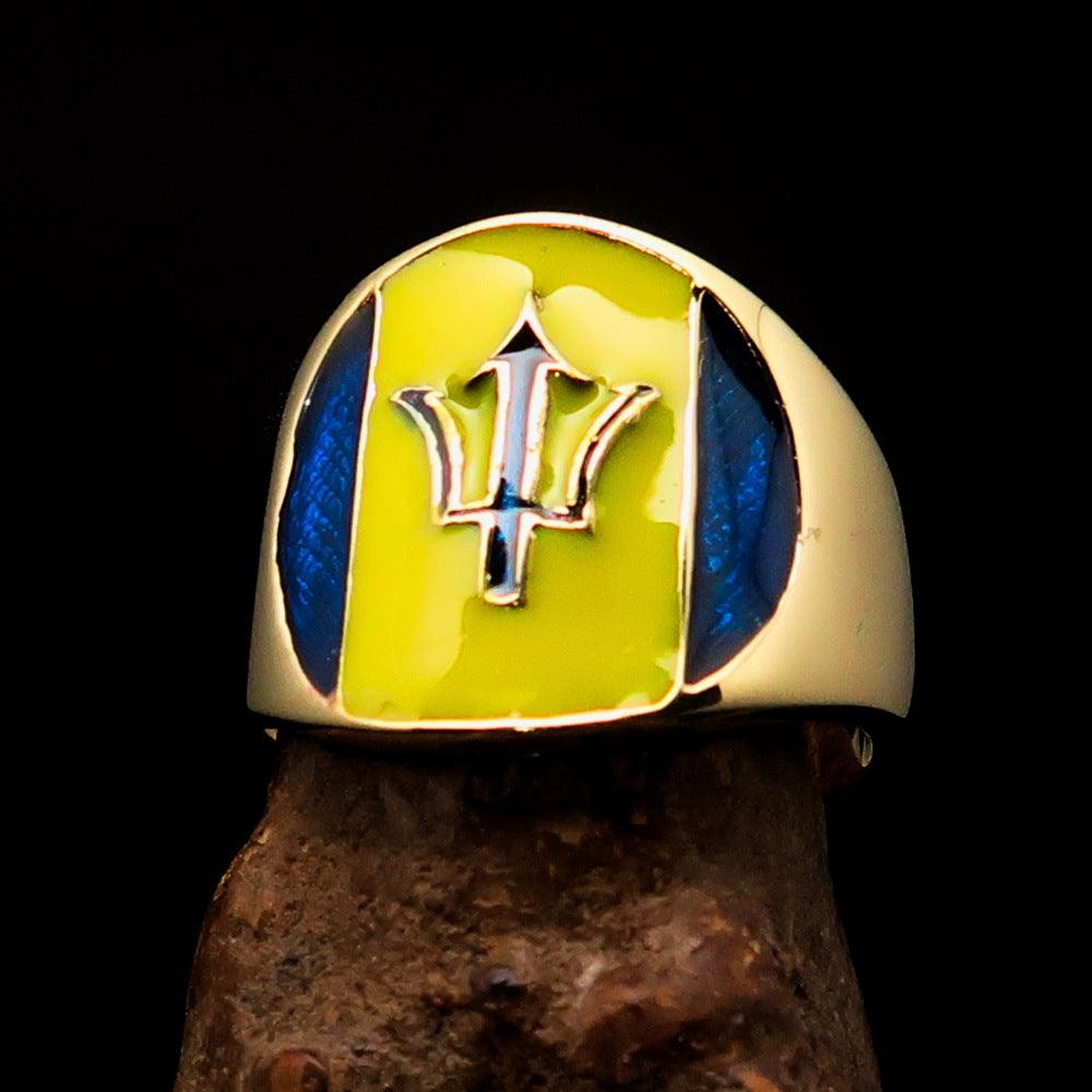 Men's National Flag Ring Barbados made of solid brass with high polish and enamel detailing, showcasing vibrant colors.