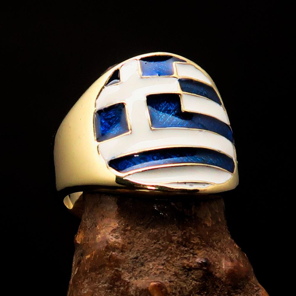 Men's National Flag Ring Greece made of solid brass with high polish and enamel finish, showcasing the Greek flag colors.