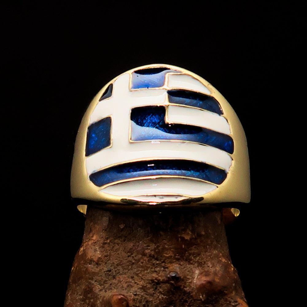 Men's National Flag Ring Greece made of solid brass with high polish and enamel finish, showcasing the Greek flag colors.