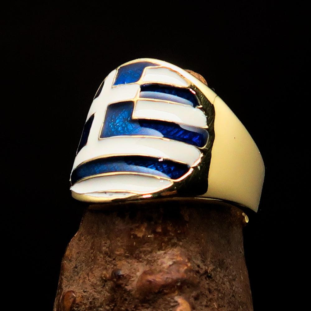 Men's National Flag Ring Greece made of solid brass with high polish and enamel finish, showcasing the Greek flag colors.