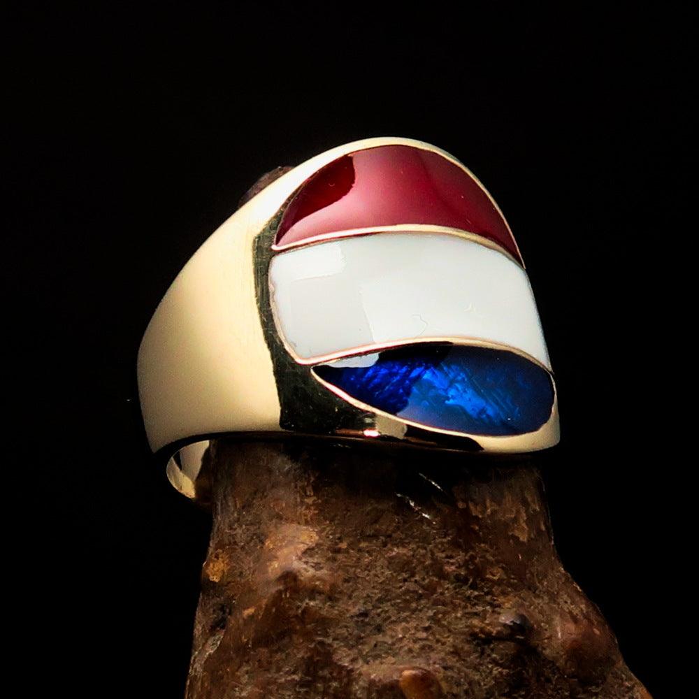 Men's National Flag Ring from Holland, crafted in solid brass with high polish and enamel finish, showcasing the Dutch flag colors.