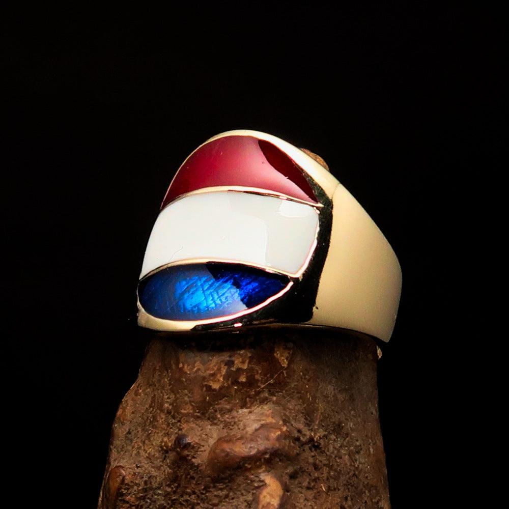 Men's National Flag Ring from Holland, crafted in solid brass with high polish and enamel finish, showcasing the Dutch flag colors.