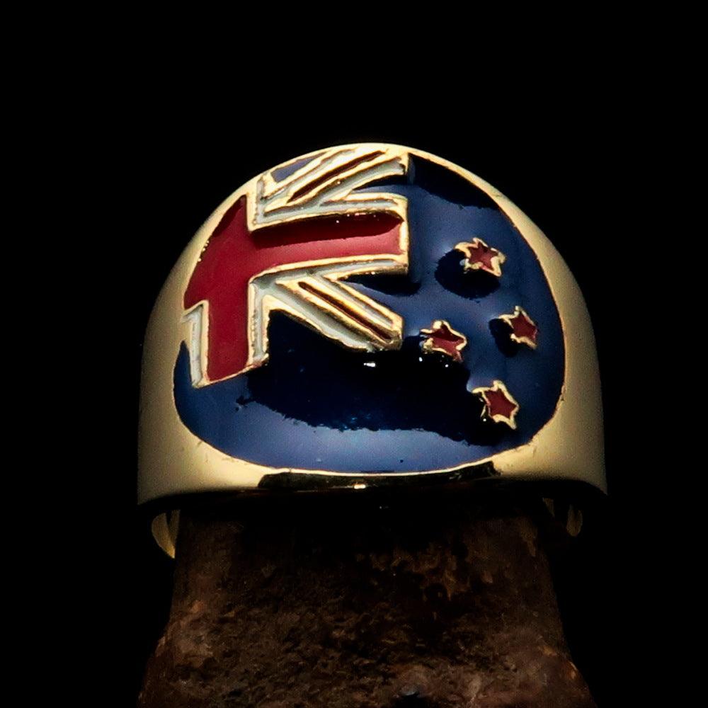 Men's National Flag Ring New Zealand made of solid brass with high polish and enamel detailing, showcasing the New Zealand flag.