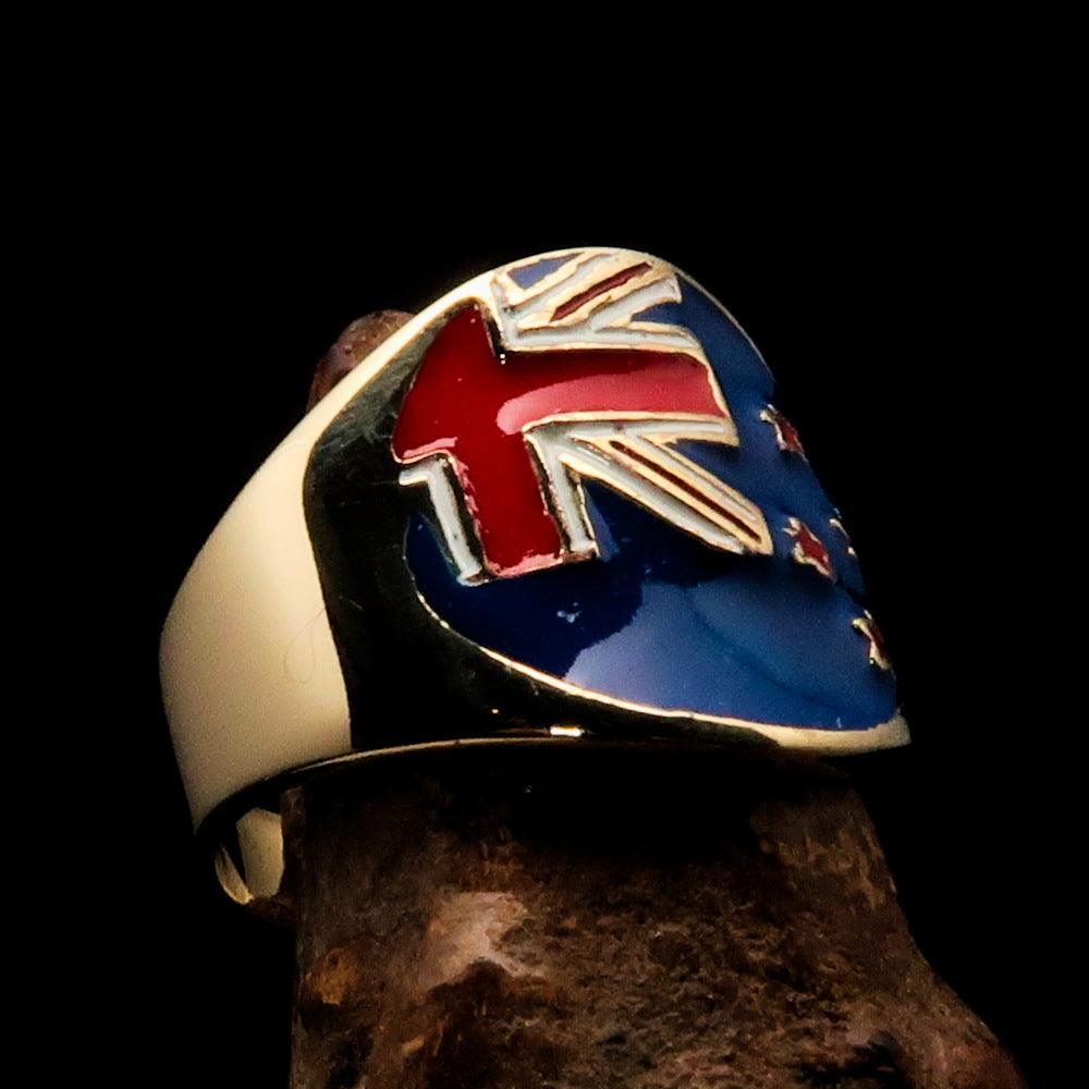 Men's National Flag Ring New Zealand made of solid brass with high polish and enamel detailing, showcasing the New Zealand flag.