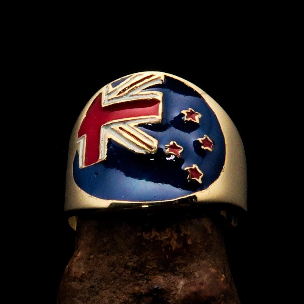 Men's National Flag Ring New Zealand made of solid brass with high polish and enamel detailing, showcasing the New Zealand flag.