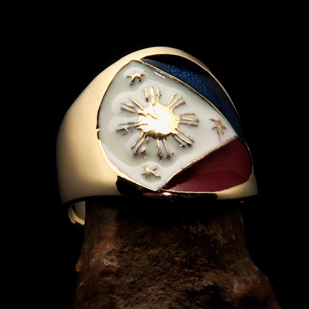 Men's National Flag Ring Philippines made of solid brass with high polish and enamel detailing, showcasing vibrant colors.