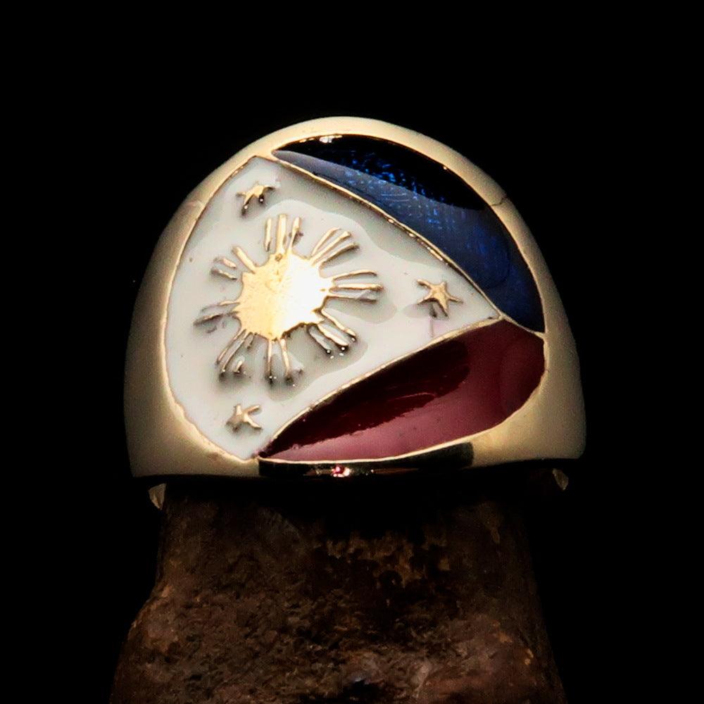 Men's National Flag Ring Philippines made of solid brass with high polish and enamel detailing, showcasing vibrant colors.