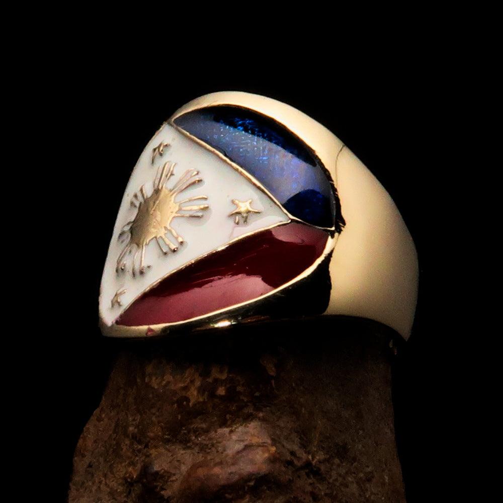 Men's National Flag Ring Philippines made of solid brass with high polish and enamel detailing, showcasing vibrant colors.