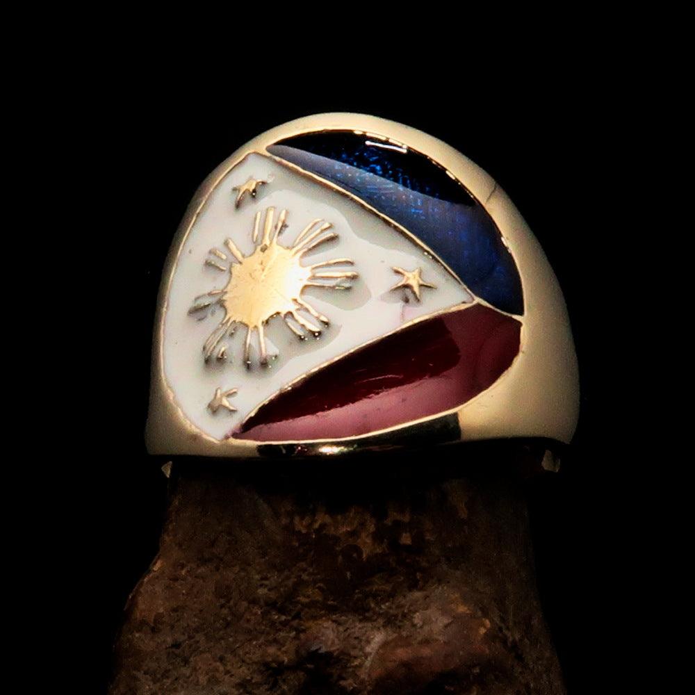 Men's National Flag Ring Philippines made of solid brass with high polish and enamel detailing, showcasing vibrant colors.