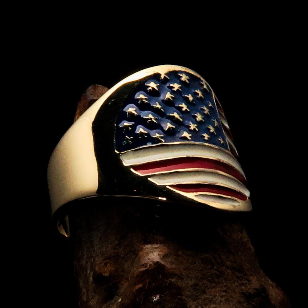 Men's National Flag Ring made of solid brass with high polish and enamel, showcasing the United States flag design.