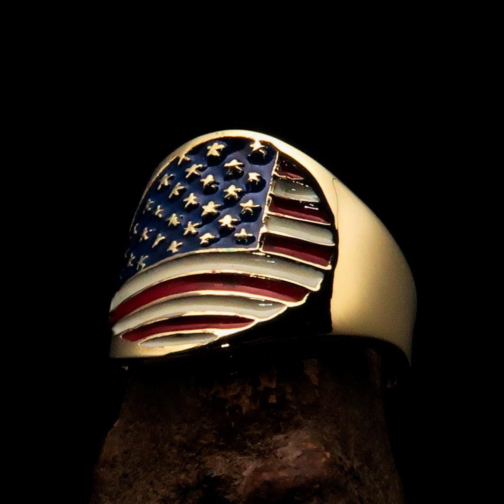 Men's National Flag Ring made of solid brass with high polish and enamel, showcasing the United States flag design.