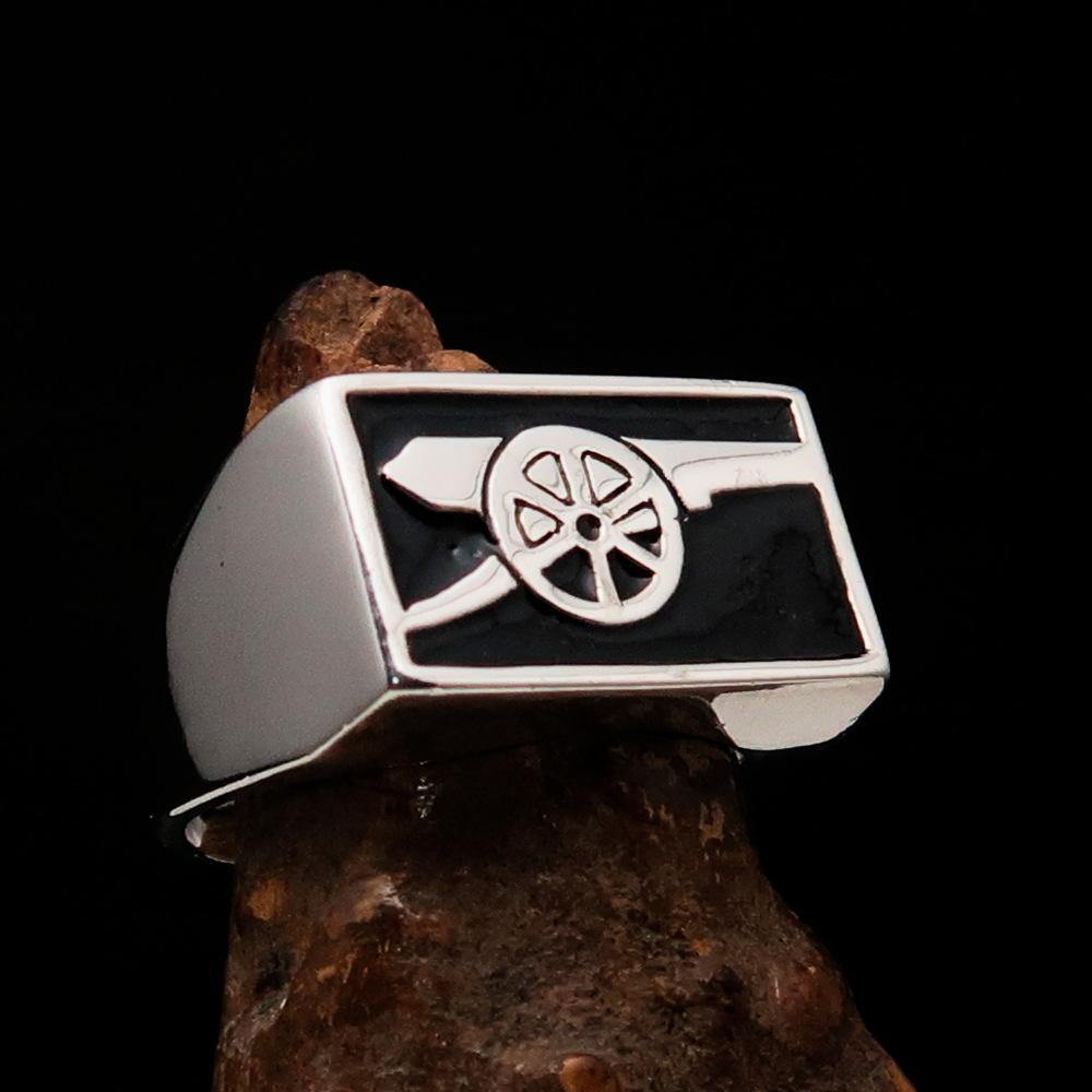 Men's Naval Cannon Ring made of solid sterling silver with high polish and black enamel finish, showcasing its unique design and craftsmanship.