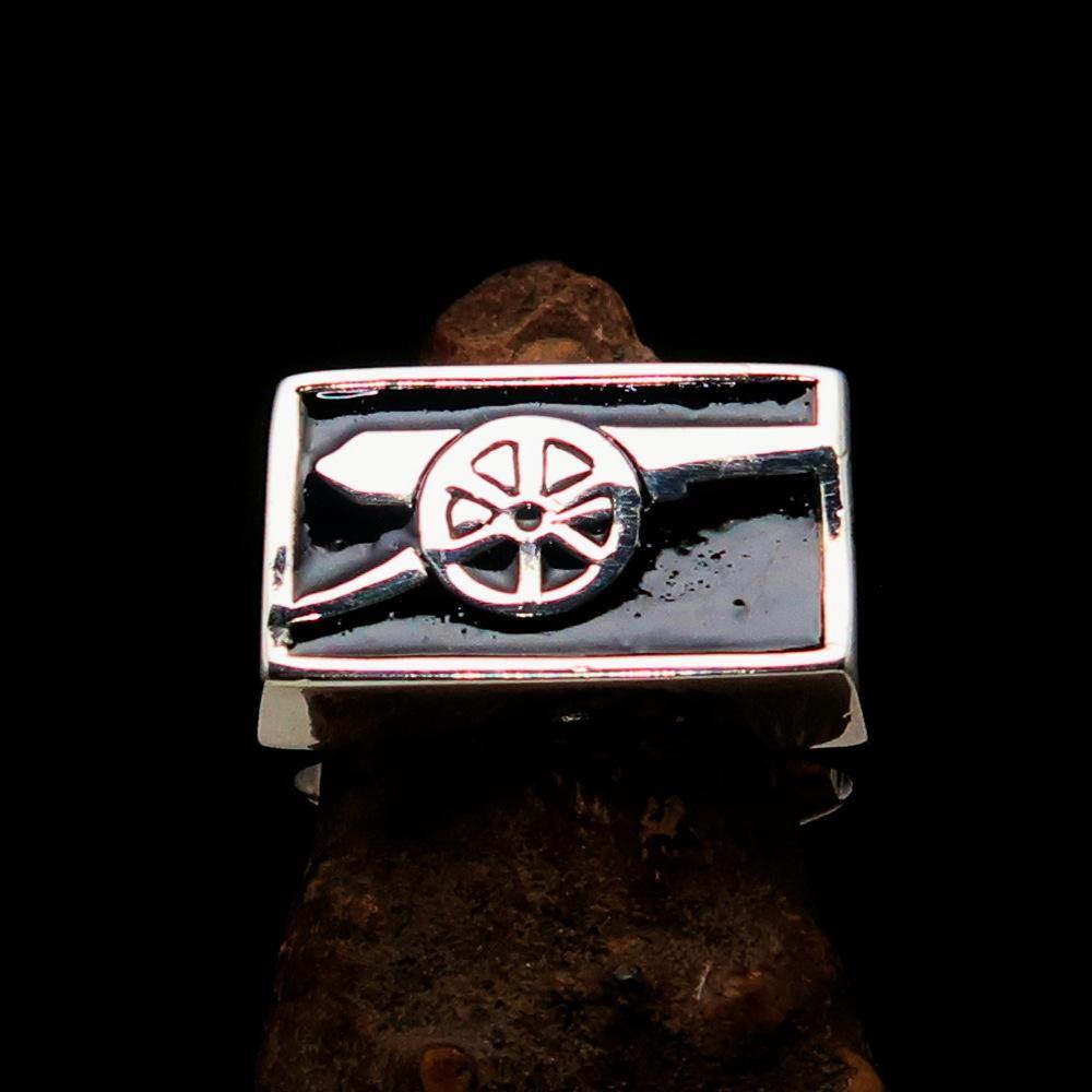 Men's Naval Cannon Ring made of solid sterling silver with high polish and black enamel finish, showcasing its unique design and craftsmanship.