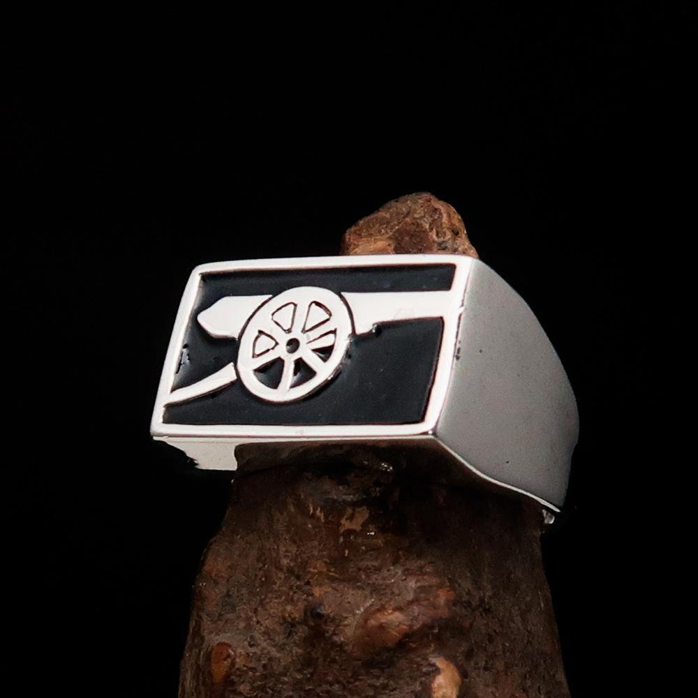 Men's Naval Cannon Ring made of solid sterling silver with high polish and black enamel finish, showcasing its unique design and craftsmanship.