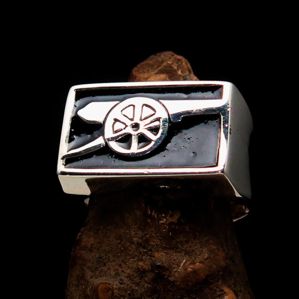 Men's Naval Cannon Ring made of solid sterling silver with high polish and black enamel finish, showcasing its unique design and craftsmanship.