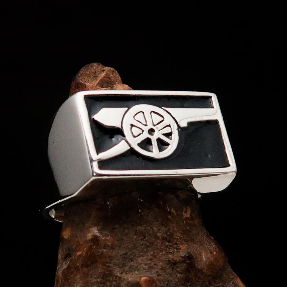 Men's Naval Cannon Ring made of solid sterling silver with high polish and black enamel finish, showcasing its unique design and craftsmanship.