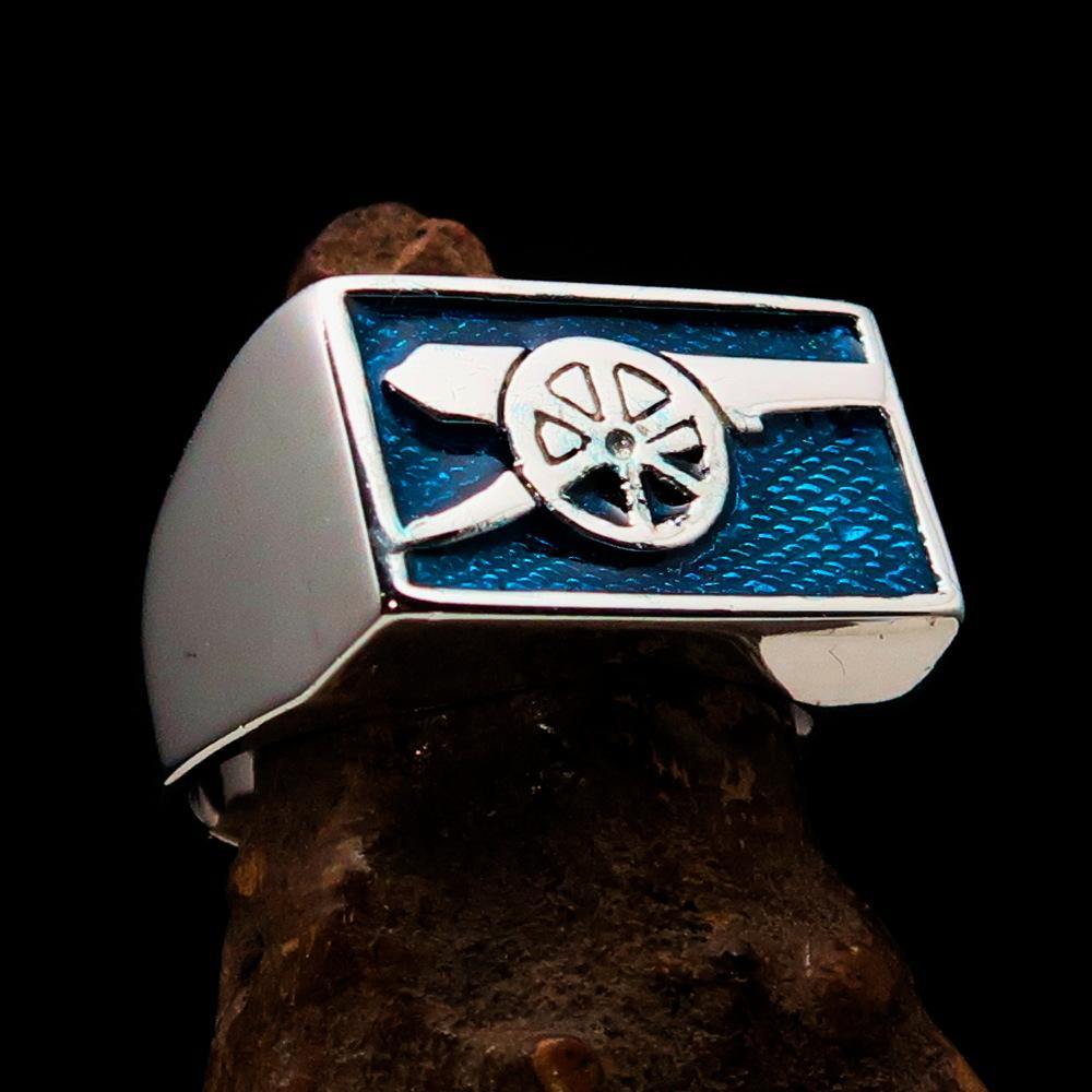 Men's Naval Cannon Ring in blue enamel, crafted from solid sterling silver with a high-polished finish, showcasing its unique design and quality.