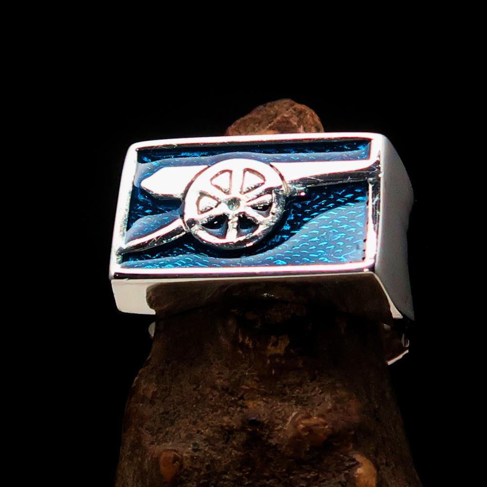 Men's Naval Cannon Ring in blue enamel, crafted from solid sterling silver with a high-polished finish, showcasing its unique design and quality.