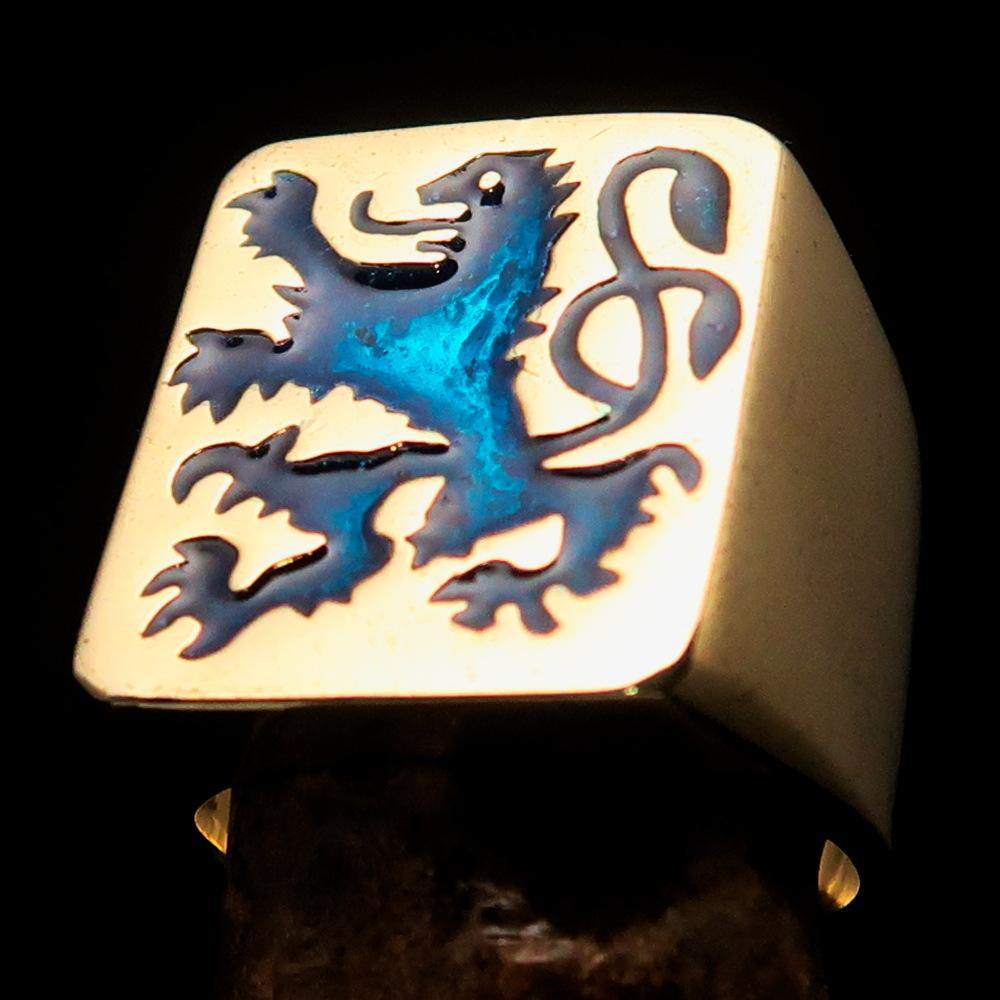 Men's Rampant Lion Ring made of solid brass with blue enamel detailing, featuring a coat of arms design.